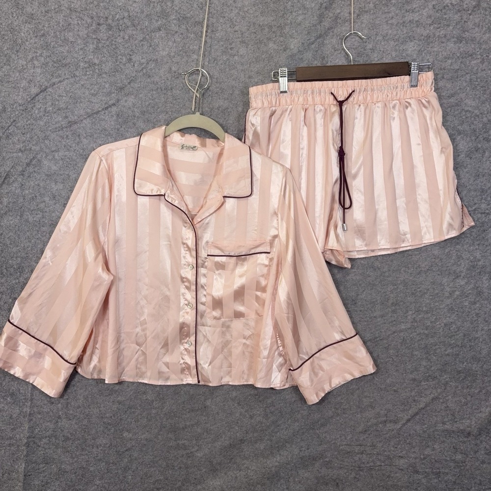 Free People FP Pillow Talk Pajama Set Womens Sz L Pink Satin Striped Crop Top